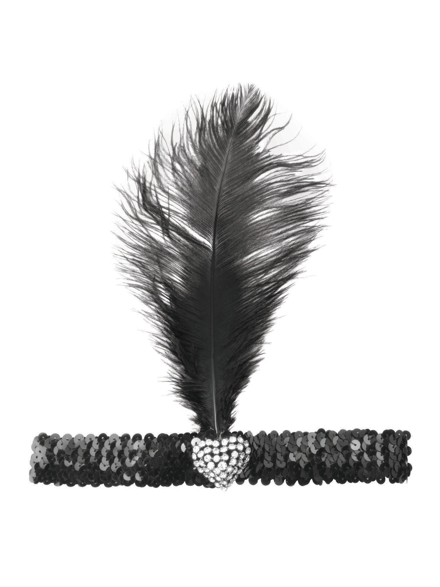 Schwarzes Flapper Stirnband mit Kristallherz als Kostümzubehör