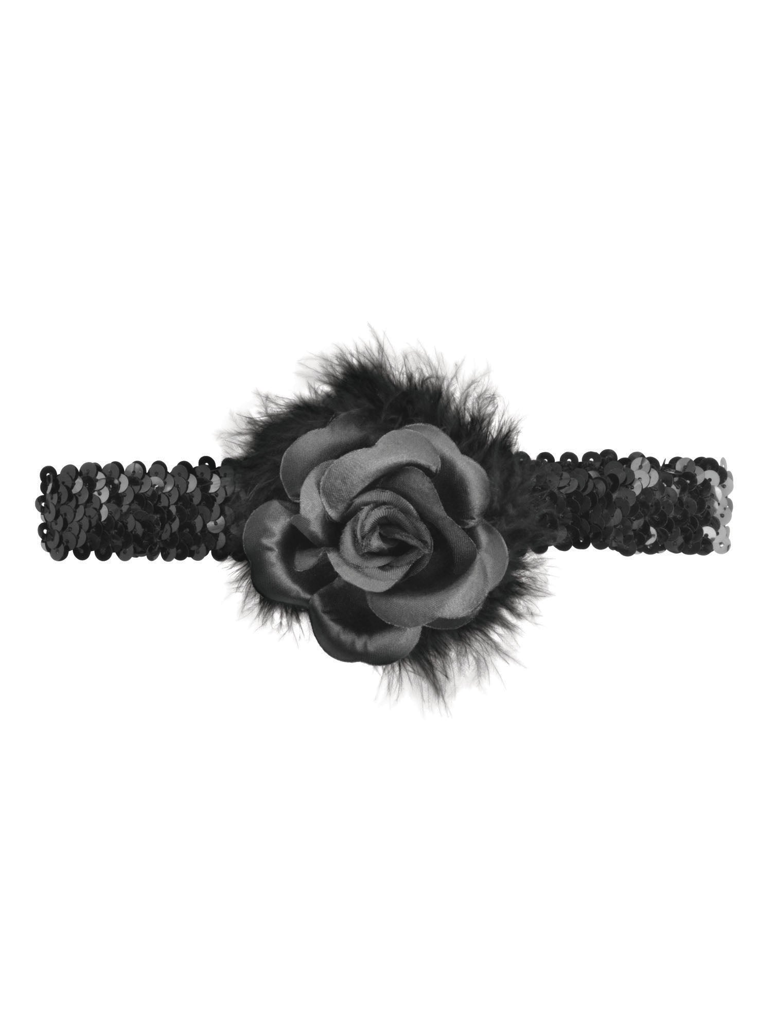 Schwarzes Flapper Stirnband mit Rosenboa als Kostümzubehör