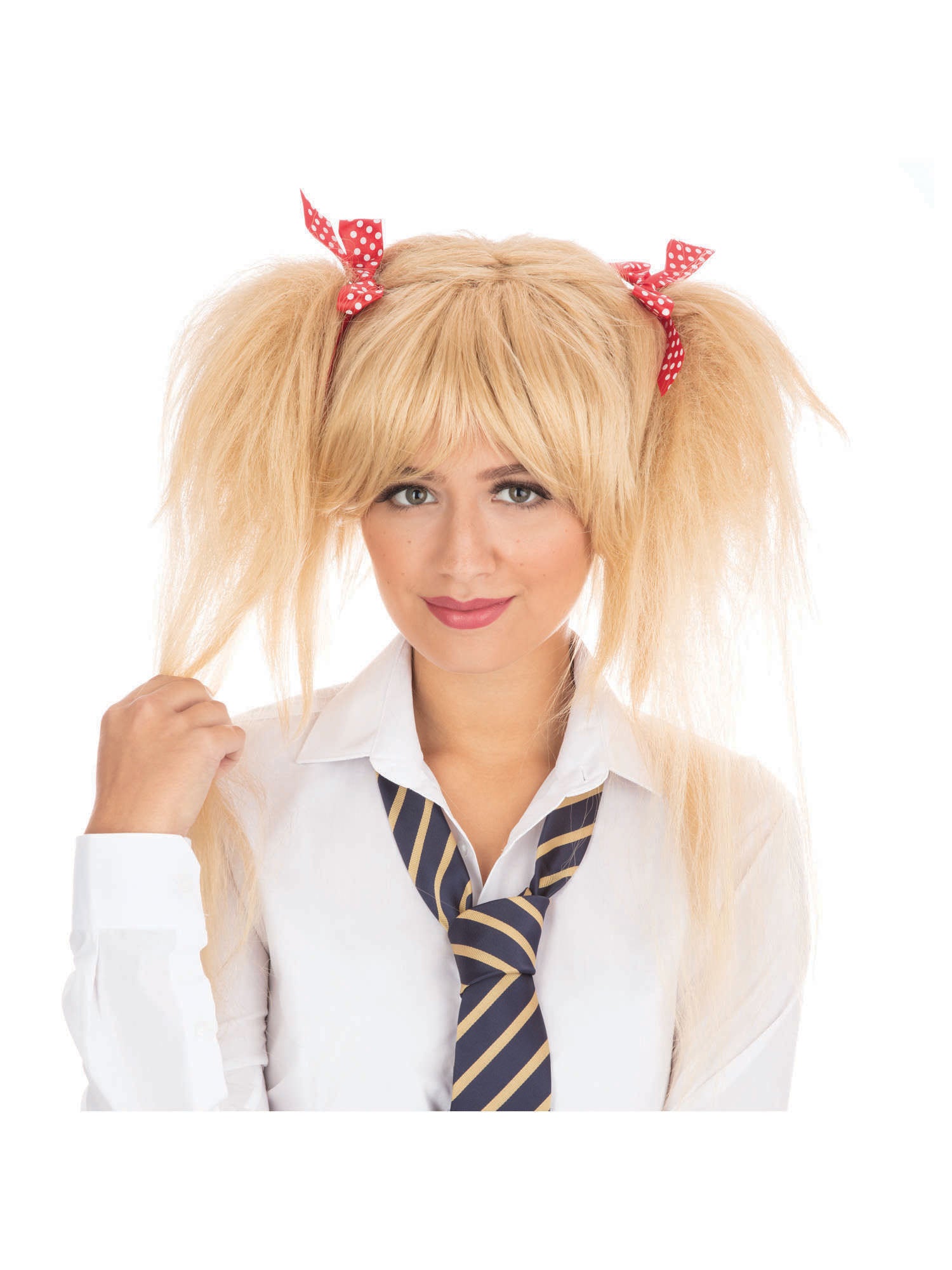 Blondine Schulmädchenperücke Mit Roten Schleifen